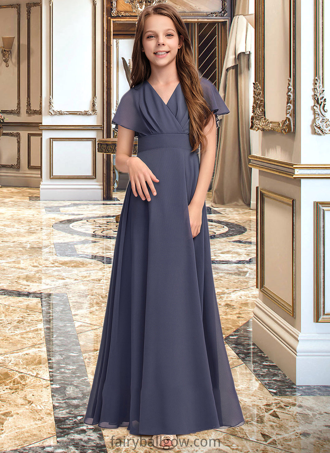 Hallie A-Line V-neck Floor-Length Chiffon Junior Bridesmaid Dress With Ruffle Bow(s) XXCP0013369