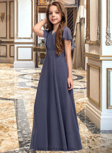 Load image into Gallery viewer, Hallie A-Line V-neck Floor-Length Chiffon Junior Bridesmaid Dress With Ruffle Bow(s) XXCP0013369