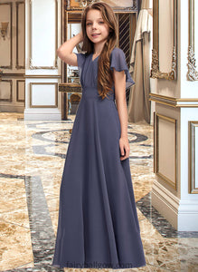 Hallie A-Line V-neck Floor-Length Chiffon Junior Bridesmaid Dress With Ruffle Bow(s) XXCP0013369