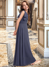 Load image into Gallery viewer, Hallie A-Line V-neck Floor-Length Chiffon Junior Bridesmaid Dress With Ruffle Bow(s) XXCP0013369