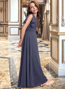 Hallie A-Line V-neck Floor-Length Chiffon Junior Bridesmaid Dress With Ruffle Bow(s) XXCP0013369