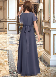 Hallie A-Line V-neck Floor-Length Chiffon Junior Bridesmaid Dress With Ruffle Bow(s) XXCP0013369