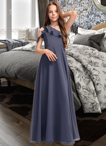 Stella A-Line One-Shoulder Floor-Length Chiffon Junior Bridesmaid Dress With Cascading Ruffles XXCP0013370