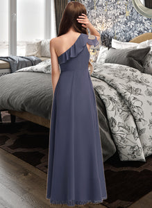 Stella A-Line One-Shoulder Floor-Length Chiffon Junior Bridesmaid Dress With Cascading Ruffles XXCP0013370