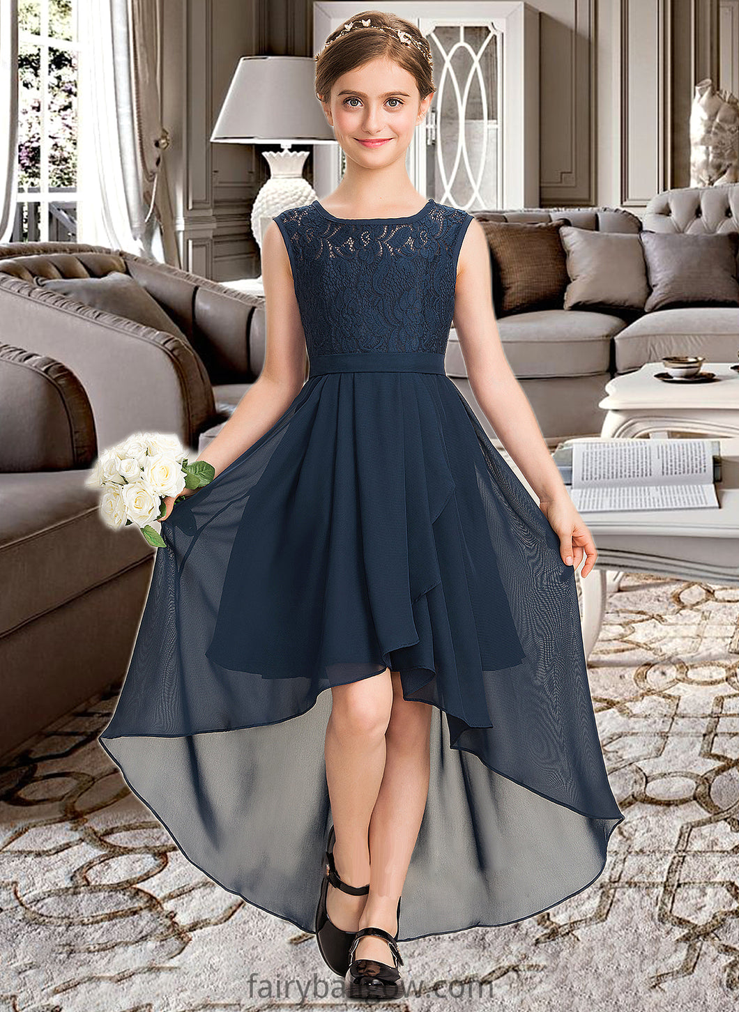 Violet A-Line Scoop Neck Asymmetrical Chiffon Lace Junior Bridesmaid Dress With Bow(s) Cascading Ruffles XXCP0013373