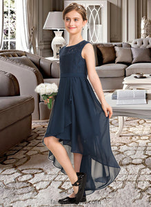 Violet A-Line Scoop Neck Asymmetrical Chiffon Lace Junior Bridesmaid Dress With Bow(s) Cascading Ruffles XXCP0013373