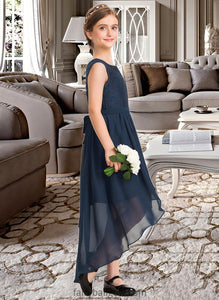 Violet A-Line Scoop Neck Asymmetrical Chiffon Lace Junior Bridesmaid Dress With Bow(s) Cascading Ruffles XXCP0013373