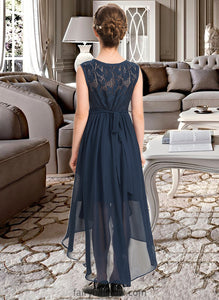 Violet A-Line Scoop Neck Asymmetrical Chiffon Lace Junior Bridesmaid Dress With Bow(s) Cascading Ruffles XXCP0013373