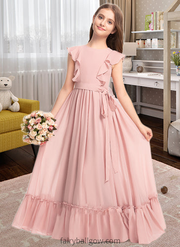 Selina A-Line Scoop Neck Floor-Length Chiffon Junior Bridesmaid Dress With Bow(s) Cascading Ruffles XXCP0013375