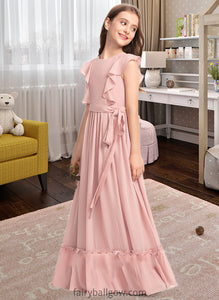 Selina A-Line Scoop Neck Floor-Length Chiffon Junior Bridesmaid Dress With Bow(s) Cascading Ruffles XXCP0013375