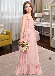 Selina A-Line Scoop Neck Floor-Length Chiffon Junior Bridesmaid Dress With Bow(s) Cascading Ruffles XXCP0013375