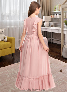 Selina A-Line Scoop Neck Floor-Length Chiffon Junior Bridesmaid Dress With Bow(s) Cascading Ruffles XXCP0013375