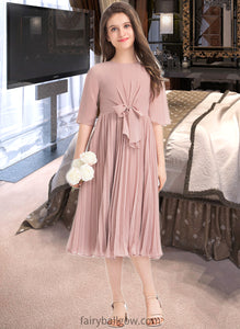 Amanda A-Line Scoop Neck Knee-Length Chiffon Junior Bridesmaid Dress With Bow(s) Pleated XXCP0013377