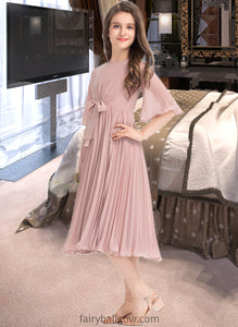 Amanda A-Line Scoop Neck Knee-Length Chiffon Junior Bridesmaid Dress With Bow(s) Pleated XXCP0013377