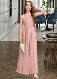 Raven A-Line Scoop Neck Floor-Length Chiffon Junior Bridesmaid Dress With Ruffle Bow(s) XXCP0013380