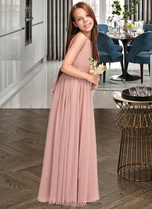 Raven A-Line Scoop Neck Floor-Length Chiffon Junior Bridesmaid Dress With Ruffle Bow(s) XXCP0013380