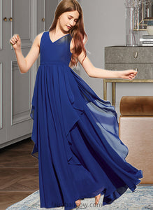 Emilee A-Line V-neck Floor-Length Chiffon Junior Bridesmaid Dress With Cascading Ruffles XXCP0013381