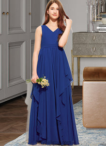 Emilee A-Line V-neck Floor-Length Chiffon Junior Bridesmaid Dress With Cascading Ruffles XXCP0013381