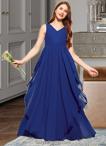 Emilee A-Line V-neck Floor-Length Chiffon Junior Bridesmaid Dress With Cascading Ruffles XXCP0013381