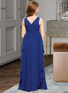 Emilee A-Line V-neck Floor-Length Chiffon Junior Bridesmaid Dress With Cascading Ruffles XXCP0013381