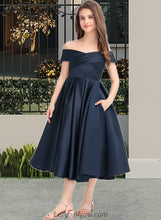 Load image into Gallery viewer, Kristin A-Line Off-the-Shoulder Tea-Length Satin Junior Bridesmaid Dress With Ruffle Pockets XXCP0013383