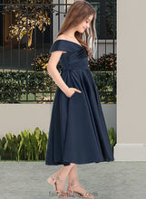 Load image into Gallery viewer, Kristin A-Line Off-the-Shoulder Tea-Length Satin Junior Bridesmaid Dress With Ruffle Pockets XXCP0013383