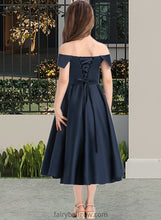 Load image into Gallery viewer, Kristin A-Line Off-the-Shoulder Tea-Length Satin Junior Bridesmaid Dress With Ruffle Pockets XXCP0013383