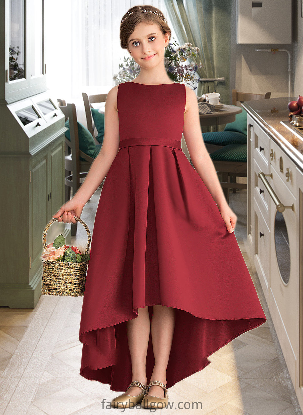 Iyana A-Line Scoop Neck Asymmetrical Satin Junior Bridesmaid Dress With Ruffle Pockets XXCP0013385