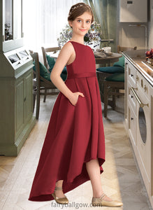 Iyana A-Line Scoop Neck Asymmetrical Satin Junior Bridesmaid Dress With Ruffle Pockets XXCP0013385