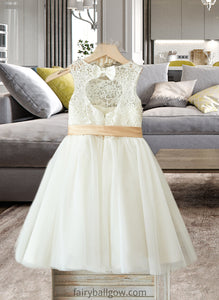 Dahlia A-Line Scoop Neck Knee-Length Tulle Junior Bridesmaid Dress With Sash Bow(s) XXCP0013387