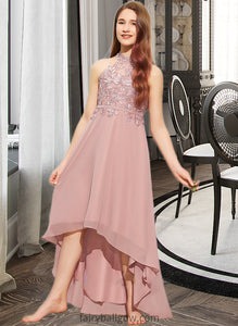 Casey A-Line Scoop Neck Asymmetrical Chiffon Lace Junior Bridesmaid Dress XXCP0013388