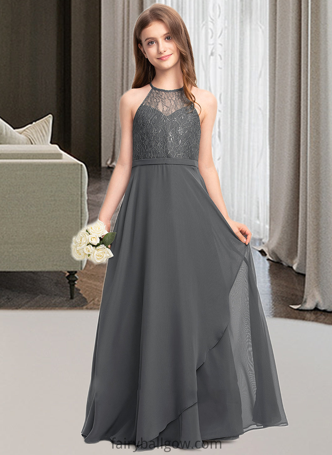 Kinsley A-Line Scoop Neck Floor-Length Chiffon Lace Junior Bridesmaid Dress With Cascading Ruffles XXCP0013389