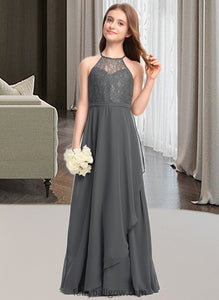 Kinsley A-Line Scoop Neck Floor-Length Chiffon Lace Junior Bridesmaid Dress With Cascading Ruffles XXCP0013389