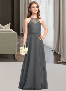 Kinsley A-Line Scoop Neck Floor-Length Chiffon Lace Junior Bridesmaid Dress With Cascading Ruffles XXCP0013389