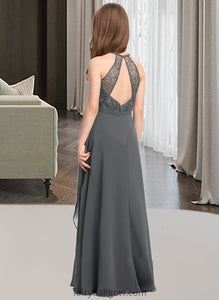 Kinsley A-Line Scoop Neck Floor-Length Chiffon Lace Junior Bridesmaid Dress With Cascading Ruffles XXCP0013389