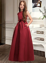 Load image into Gallery viewer, Cristina A-Line Scoop Neck Floor-Length Satin Junior Bridesmaid Dress With Bow(s) Pockets XXCP0013391