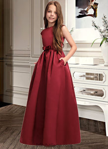 Cristina A-Line Scoop Neck Floor-Length Satin Junior Bridesmaid Dress With Bow(s) Pockets XXCP0013391