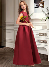 Load image into Gallery viewer, Cristina A-Line Scoop Neck Floor-Length Satin Junior Bridesmaid Dress With Bow(s) Pockets XXCP0013391