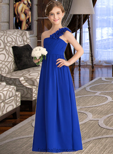 Coral A-Line One-Shoulder Floor-Length Chiffon Junior Bridesmaid Dress With Ruffle Flower(s) XXCP0013393