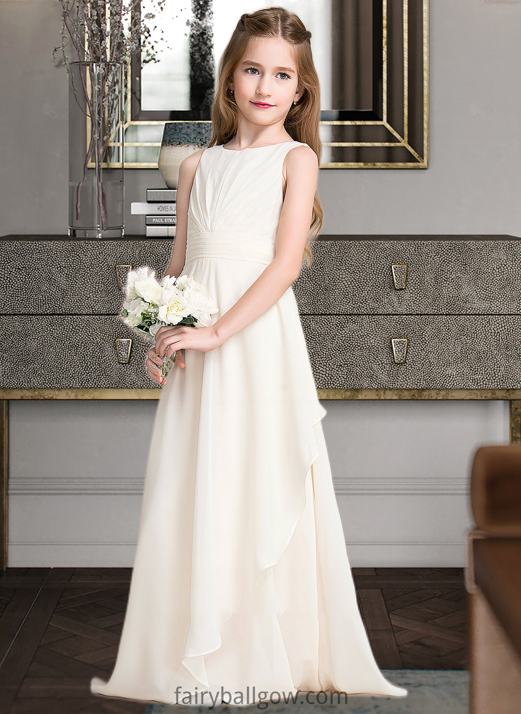 Skylar A-Line Scoop Neck Floor-Length Chiffon Junior Bridesmaid Dress With Cascading Ruffles XXCP0013394