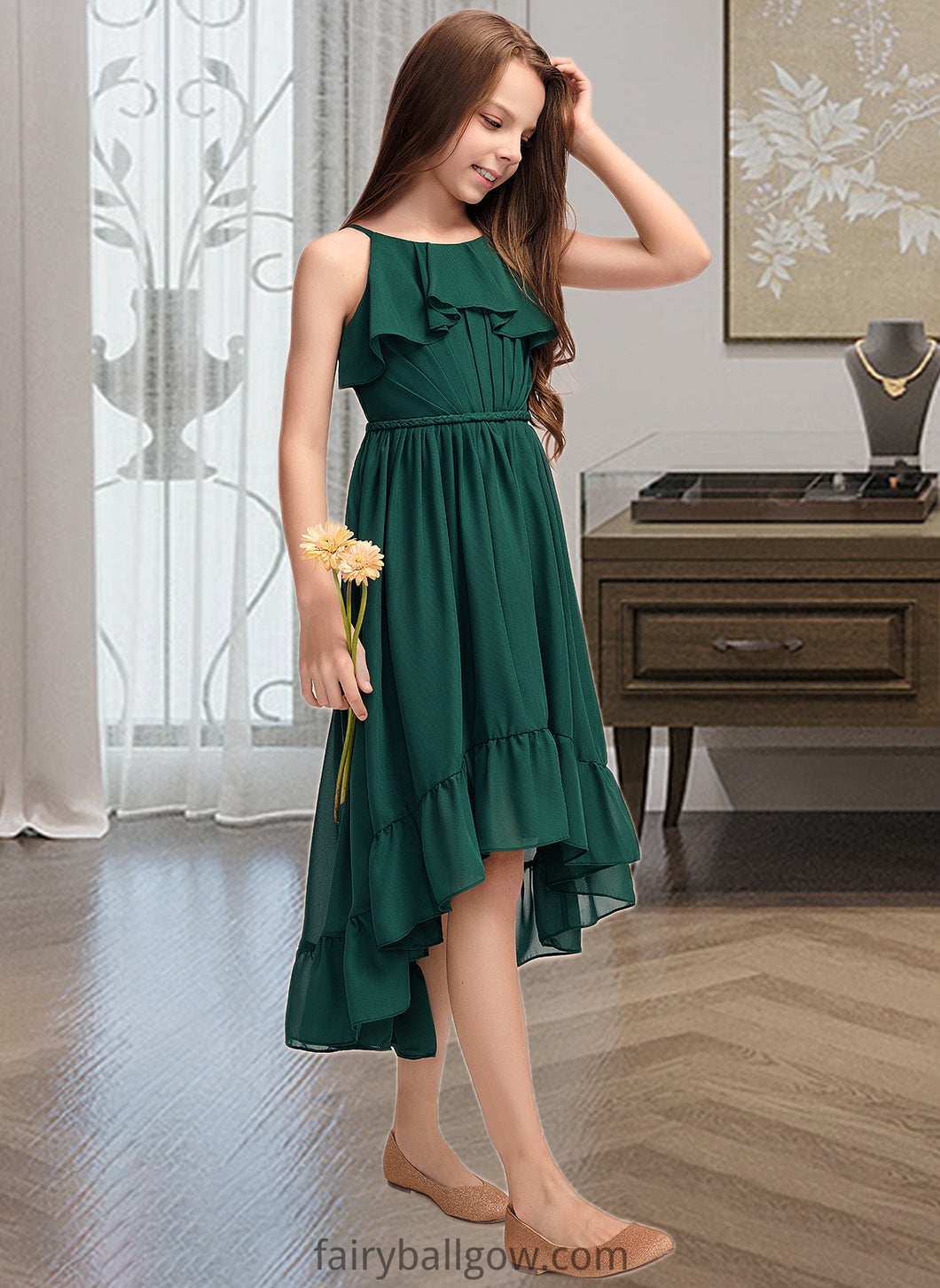 Ryan A-Line Scoop Neck Asymmetrical Chiffon Junior Bridesmaid Dress With Cascading Ruffles XXCP0013395