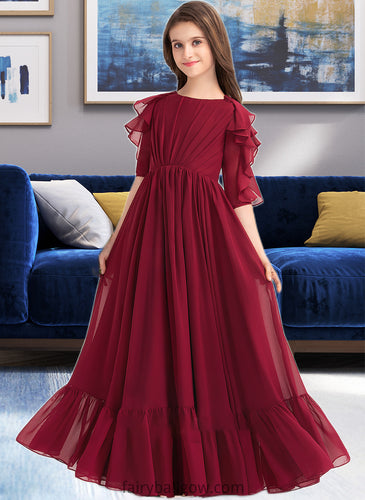 Mariyah A-Line Scoop Neck Floor-Length Chiffon Junior Bridesmaid Dress With Cascading Ruffles XXCP0013398