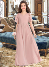 Load image into Gallery viewer, Bethany A-Line V-neck Floor-Length Chiffon Junior Bridesmaid Dress With Bow(s) XXCP0013399