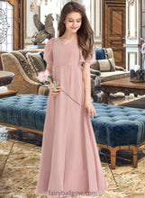 Load image into Gallery viewer, Bethany A-Line V-neck Floor-Length Chiffon Junior Bridesmaid Dress With Bow(s) XXCP0013399