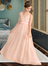 Load image into Gallery viewer, Frances A-Line V-neck Floor-Length Chiffon Junior Bridesmaid Dress With Ruffle Bow(s) XXCP0013402