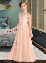 Load image into Gallery viewer, Frances A-Line V-neck Floor-Length Chiffon Junior Bridesmaid Dress With Ruffle Bow(s) XXCP0013402