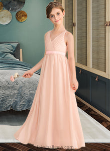 Frances A-Line V-neck Floor-Length Chiffon Junior Bridesmaid Dress With Ruffle Bow(s) XXCP0013402