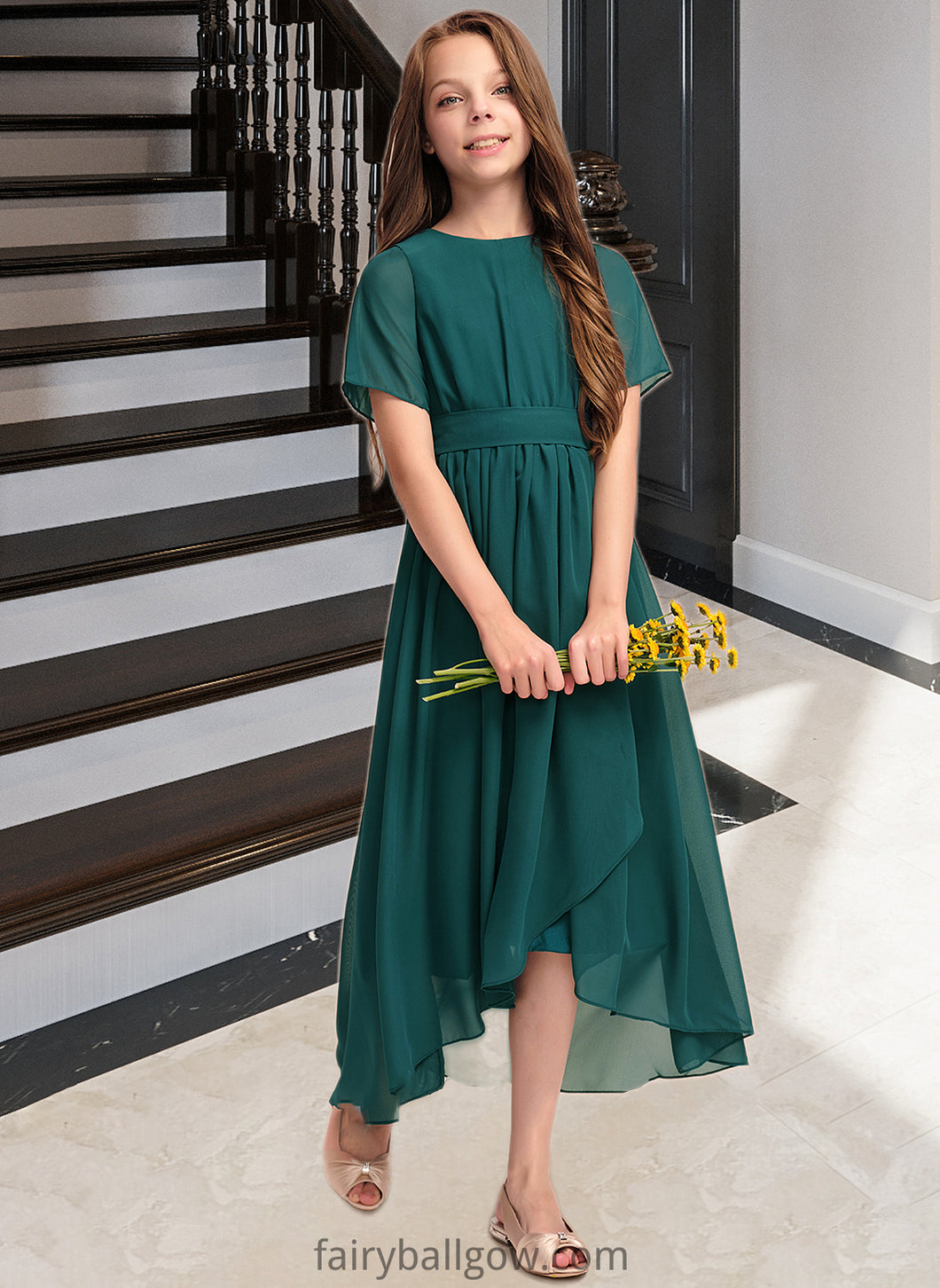 Bella A-Line Scoop Neck Asymmetrical Chiffon Junior Bridesmaid Dress With Ruffle Bow(s) XXCP0013403