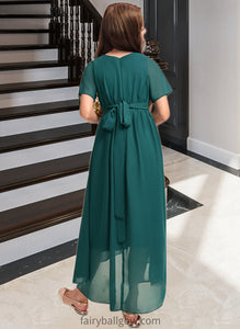 Bella A-Line Scoop Neck Asymmetrical Chiffon Junior Bridesmaid Dress With Ruffle Bow(s) XXCP0013403