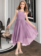 Load image into Gallery viewer, Diamond A-Line Scoop Neck Tea-Length Chiffon Junior Bridesmaid Dress With Ruffle Beading Bow(s) XXCP0013406